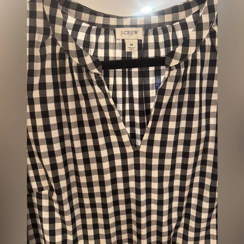 J.Crew Black & White Gingham Tiered Midi Dress | Size M | V-Neck Bishop Sleeves - Picture 4 of 4